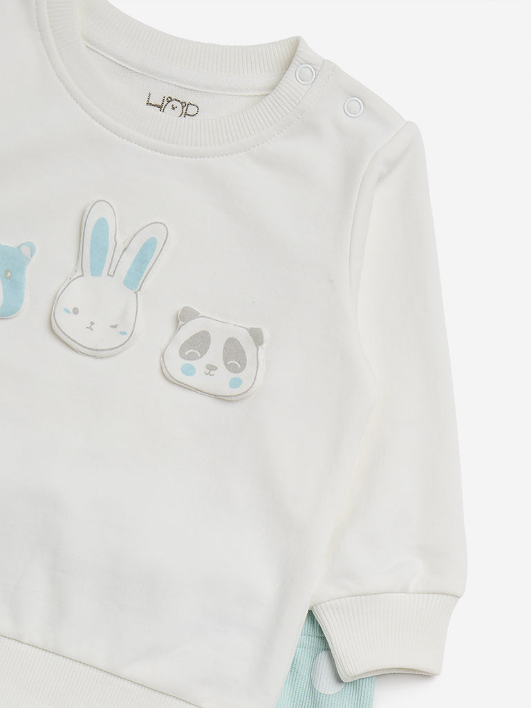 HOP Baby White Animal Design Cotton T-Shirt and Pants Set