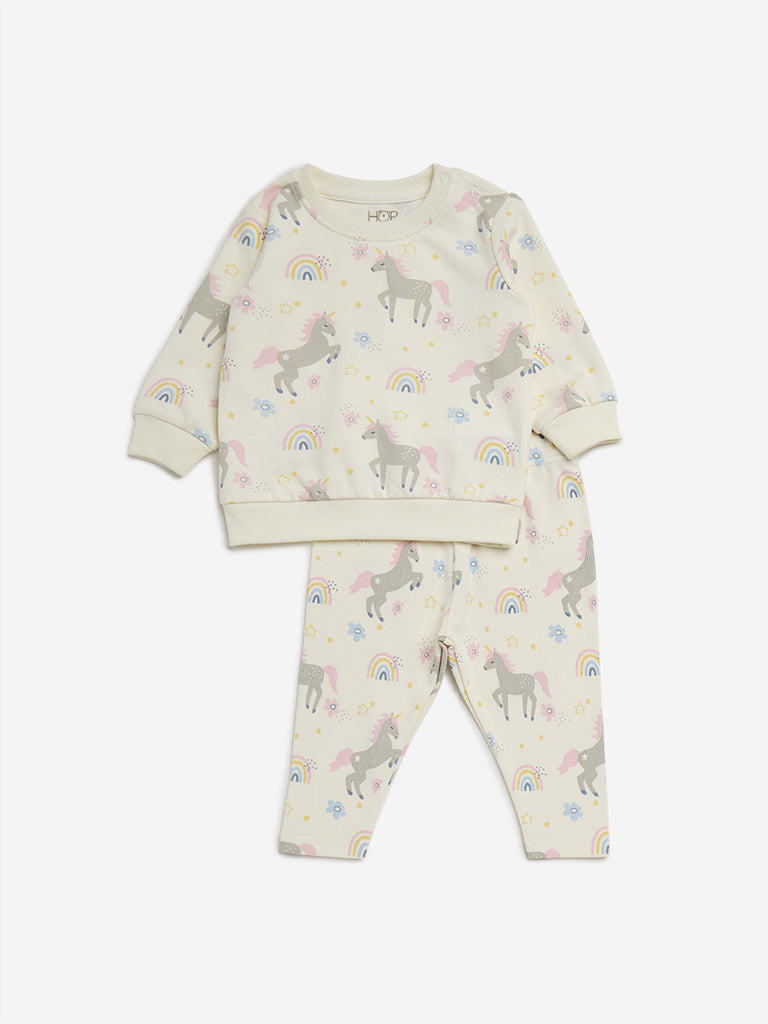 HOP Baby Off-White Unicorn Printed Cotton T-Shirt and Pants Set