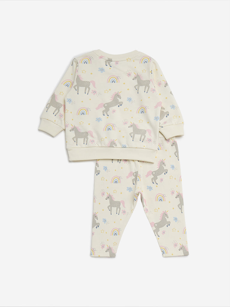 HOP Baby Off-White Unicorn Printed Cotton T-Shirt and Pants Set