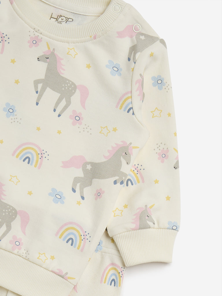 HOP Baby Off-White Unicorn Printed Cotton T-Shirt and Pants Set