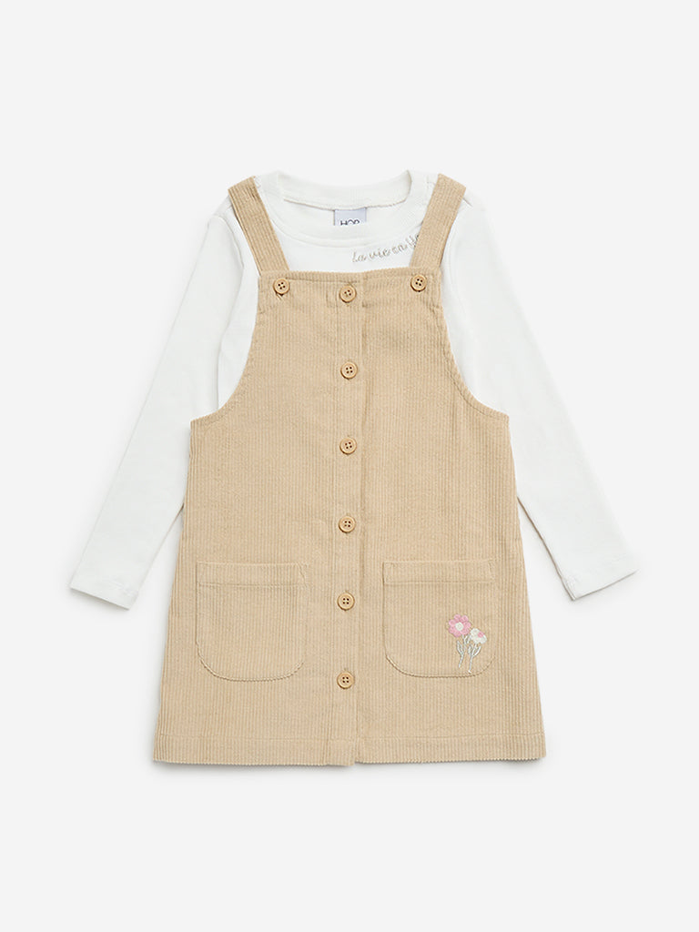 HOP Kids Beige Corduroy Pinafore with Cotton T-Shirt Set