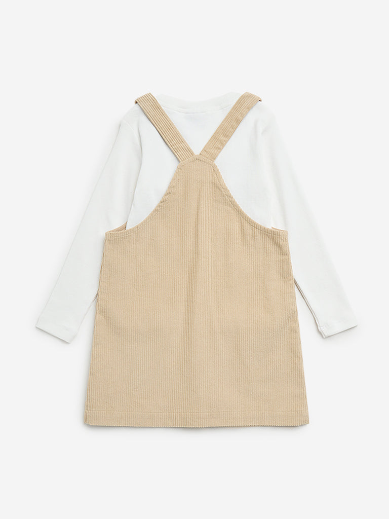 HOP Kids Beige Corduroy Pinafore with Cotton T-Shirt Set