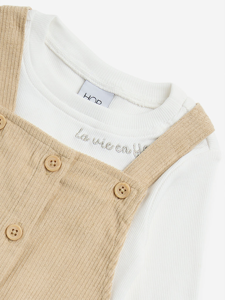 HOP Kids Beige Corduroy Pinafore with Cotton T-Shirt Set