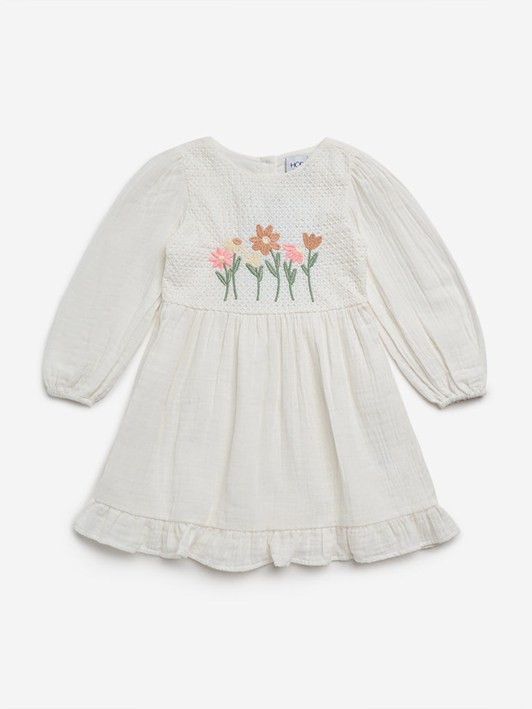 HOP Kids Off-White Floral Embroidered Cotton A-Line Dress