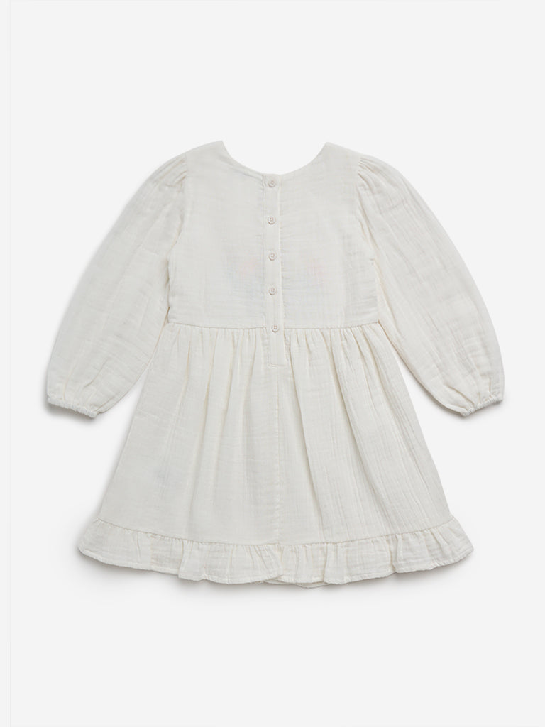 HOP Kids Off-White Floral Embroidered Cotton A-Line Dress