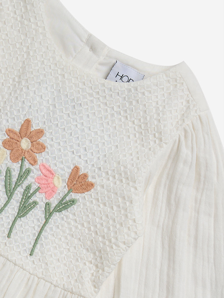 HOP Kids Off-White Floral Embroidered Cotton A-Line Dress