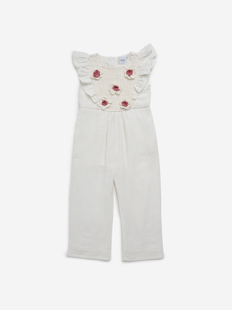 HOP Kids White Floral Cotton Jumpsuit