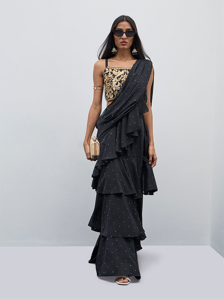 Vark Black Ruffle-Detailed Readymade Saree