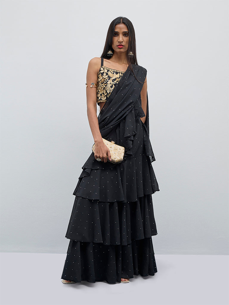 Vark Black Ruffle-Detailed Readymade Saree