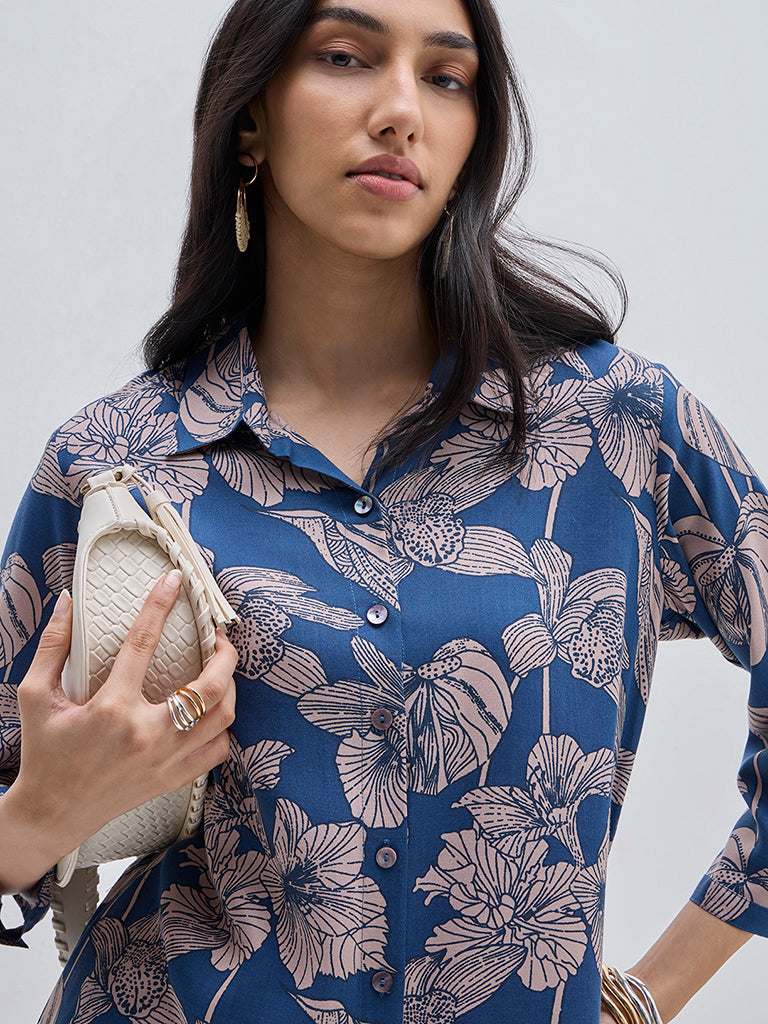 Utsa Indigo Foliage Design A-Line Cotton Kurta