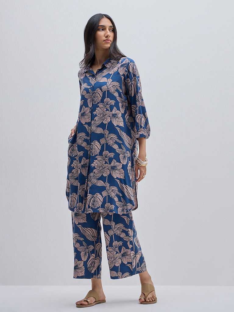 Utsa Indigo Foliage Design A-Line Cotton Kurta