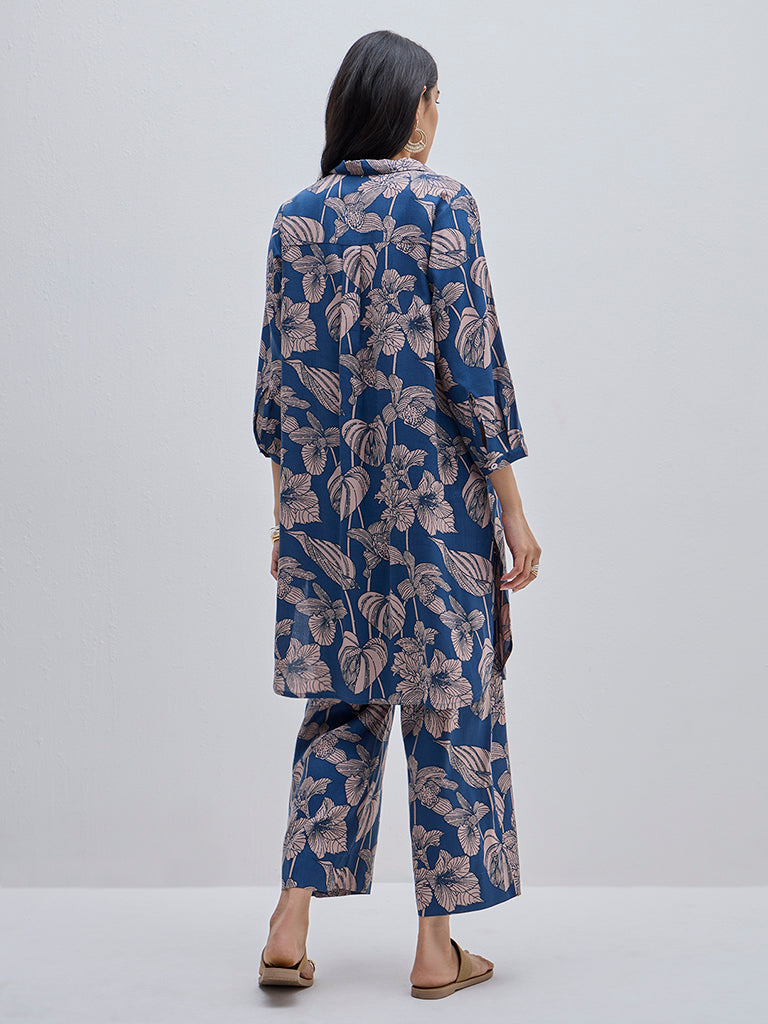 Utsa Indigo Foliage Design A-Line Cotton Kurta