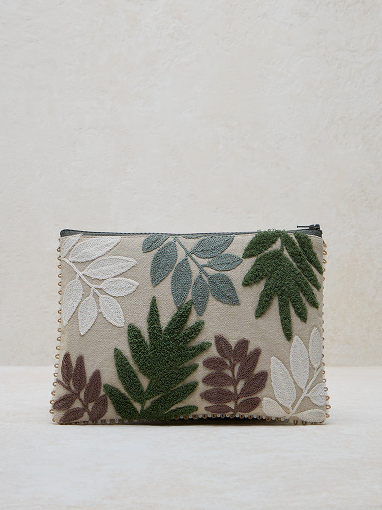 Westside Home Green Botanical Embroidered Pouch