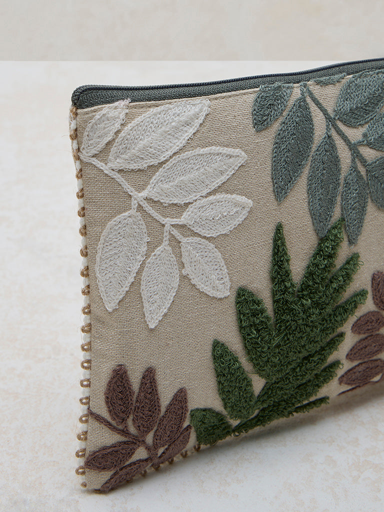 Westside Home Green Botanical Embroidered Pouch