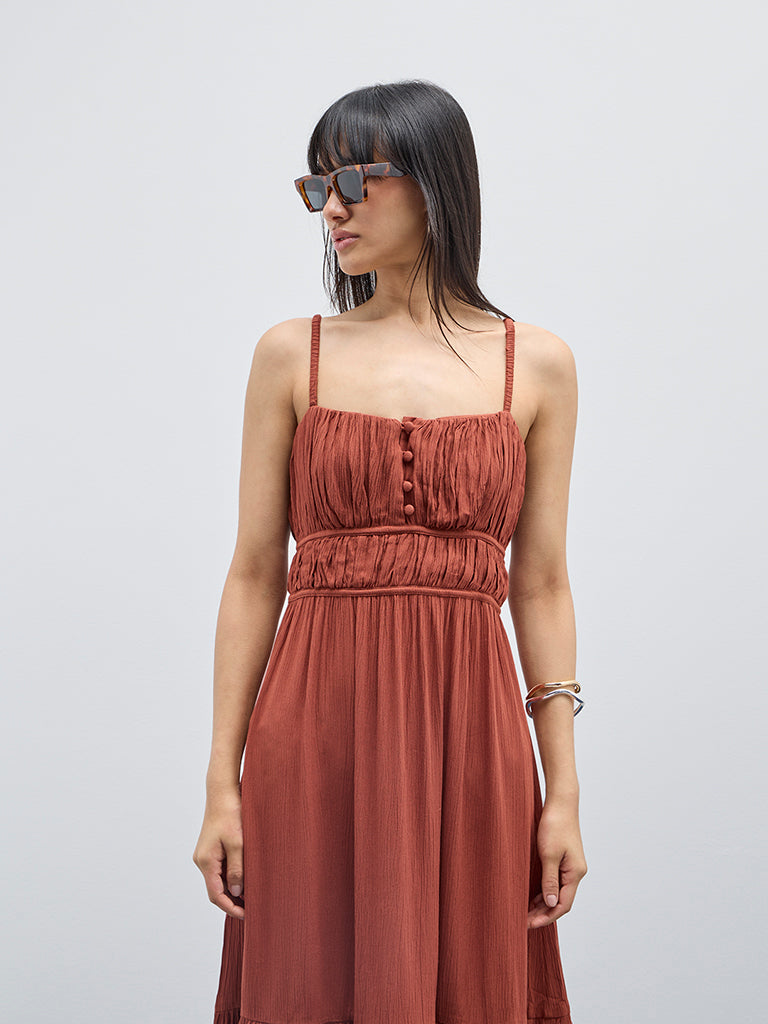 Nuon Brown Cut-Out Detailed Tiered Dress