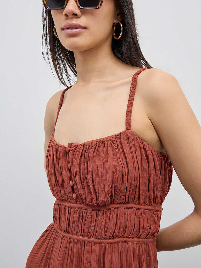 Nuon Brown Cut-Out Detailed Tiered Dress