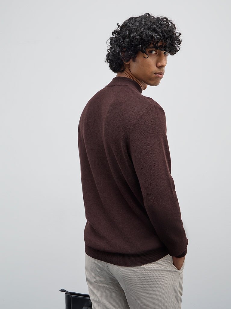 WES Formals Brown Solid Slim-Fit Sweater