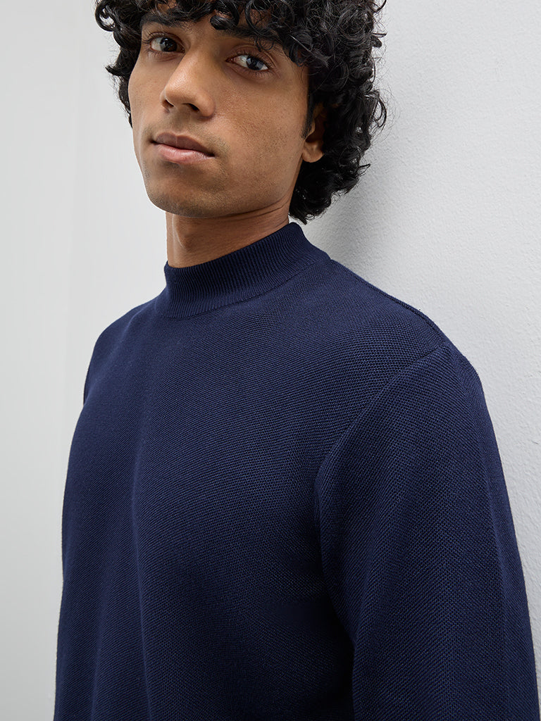 WES Formals Navy Solid Slim-Fit Sweater