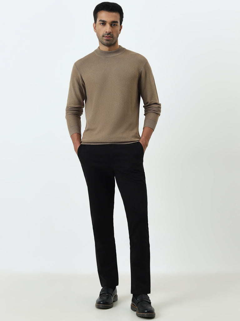 WES Formals Dark Beige Knitted Slim-Fit Sweater