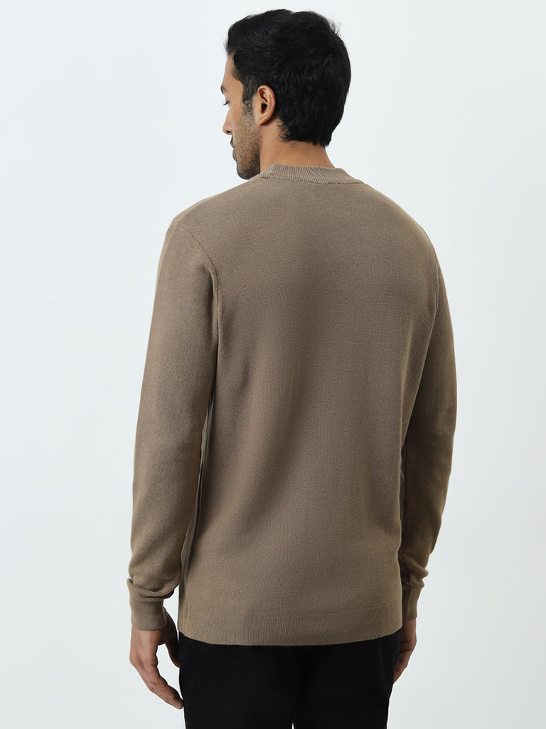 WES Formals Dark Beige Knitted Slim-Fit Sweater