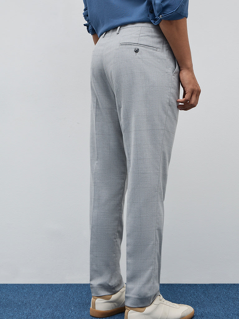 WES Formals Grey Checkered Slim-Fit Mid-Rise Trousers