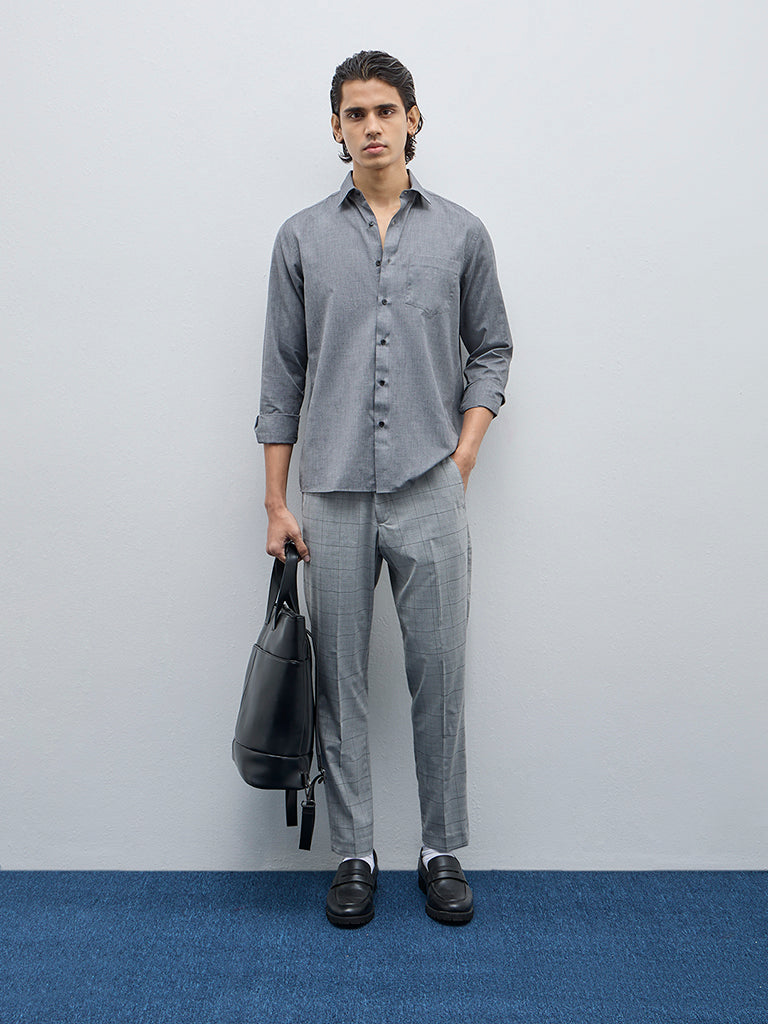 WES Formals Grey Checks Slim-Tapered Fit Mid-Rise Trousers