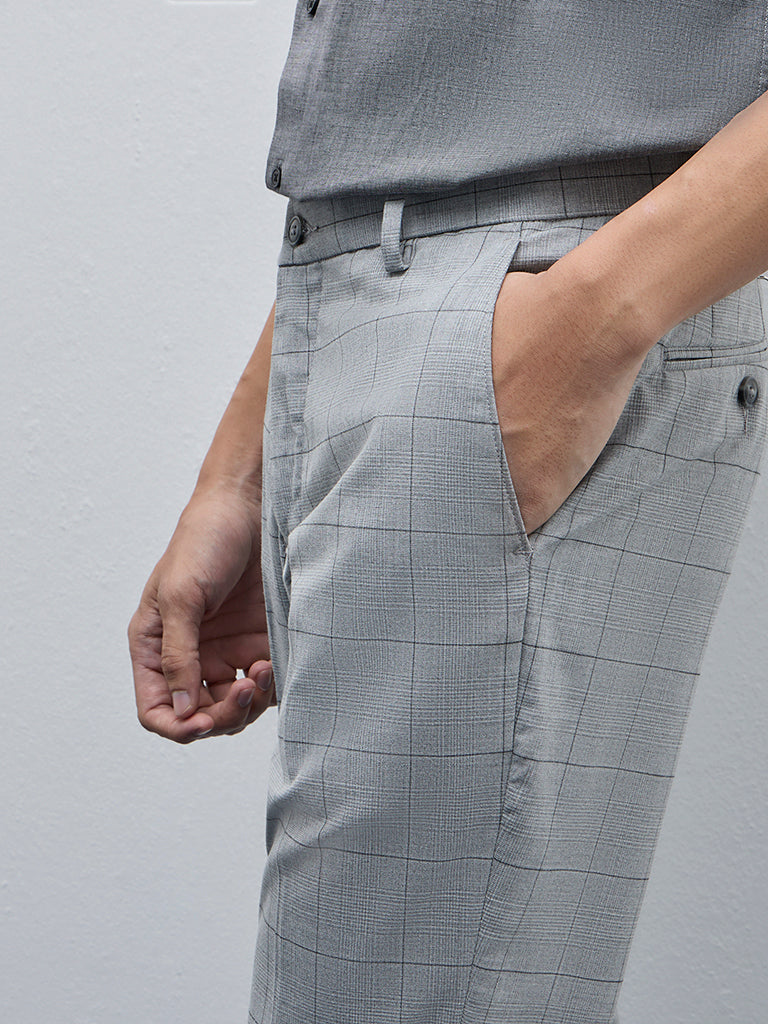 WES Formals Grey Checks Slim-Tapered Fit Mid-Rise Trousers