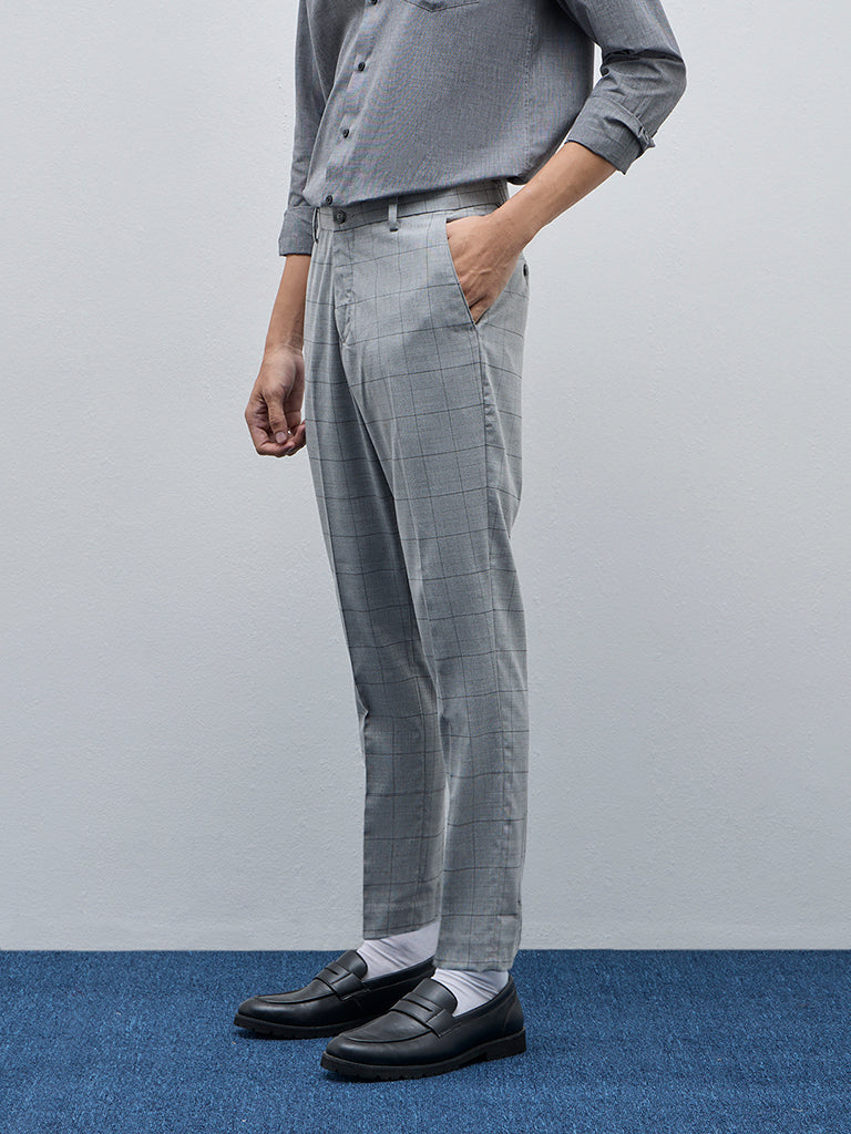 WES Formals Grey Checks Slim-Tapered Fit Mid-Rise Trousers