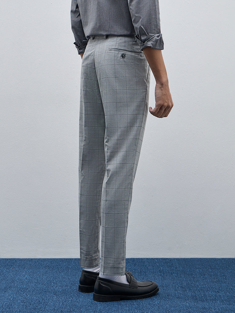 WES Formals Grey Checks Slim-Tapered Fit Mid-Rise Trousers