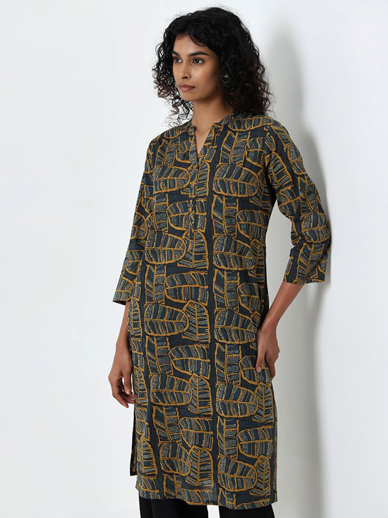 Utsa Green Banana-Leaf Printed A-Line Cotton Kurta