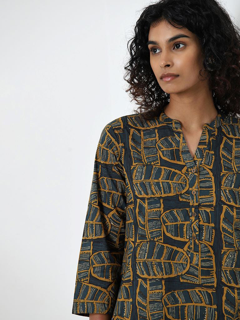 Utsa Green Banana-Leaf Printed A-Line Cotton Kurta