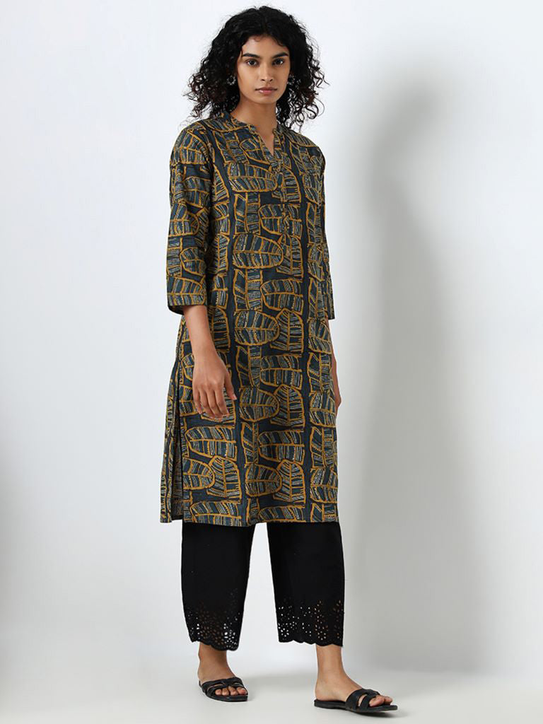 Utsa Green Banana-Leaf Printed A-Line Cotton Kurta