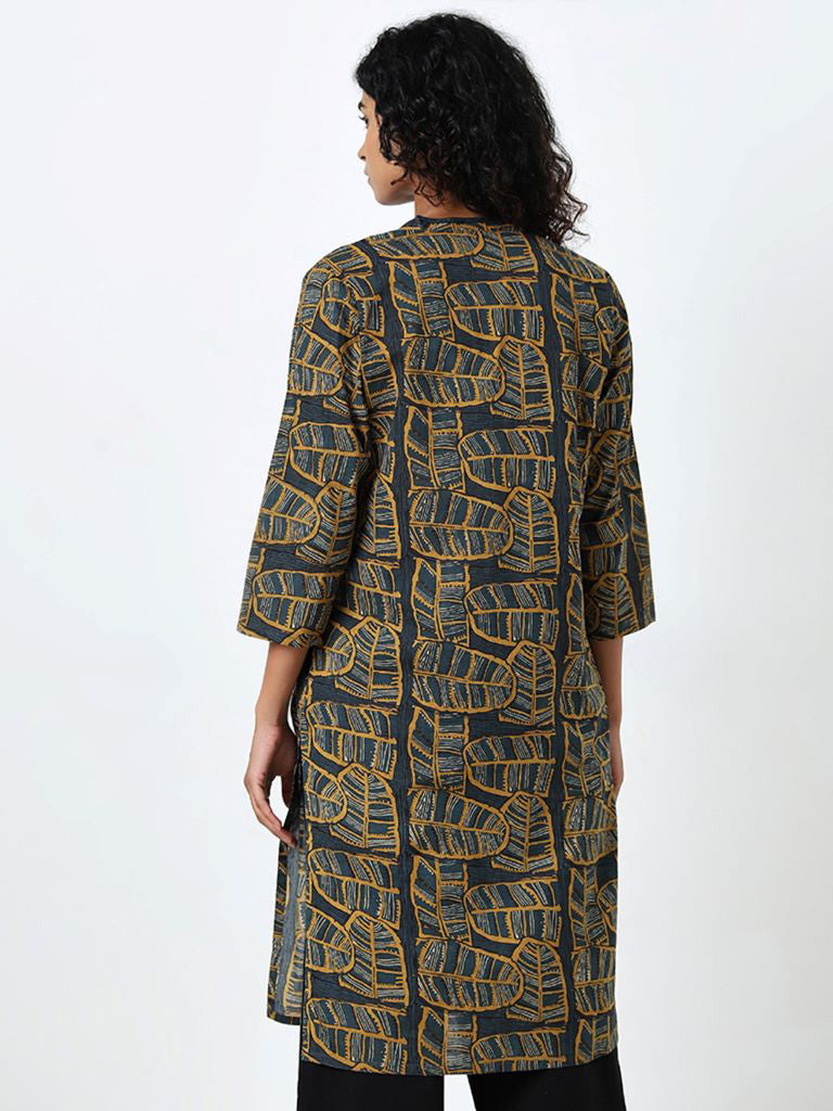 Utsa Green Banana-Leaf Printed A-Line Cotton Kurta