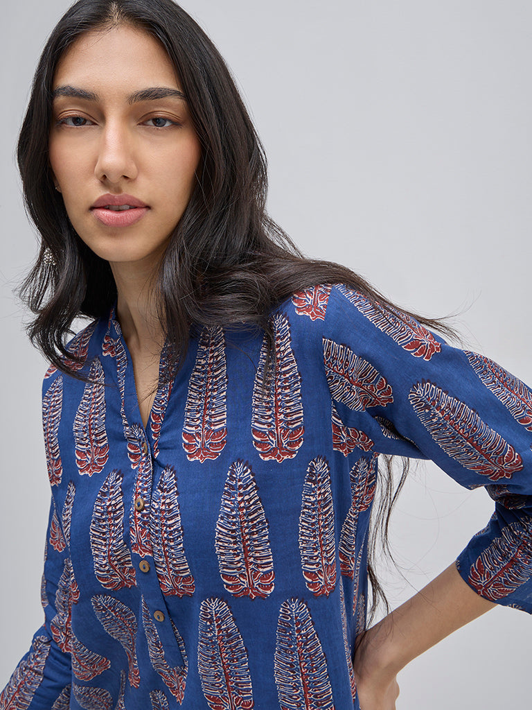 Utsa Indigo Leaf Pattern Straight Kurta