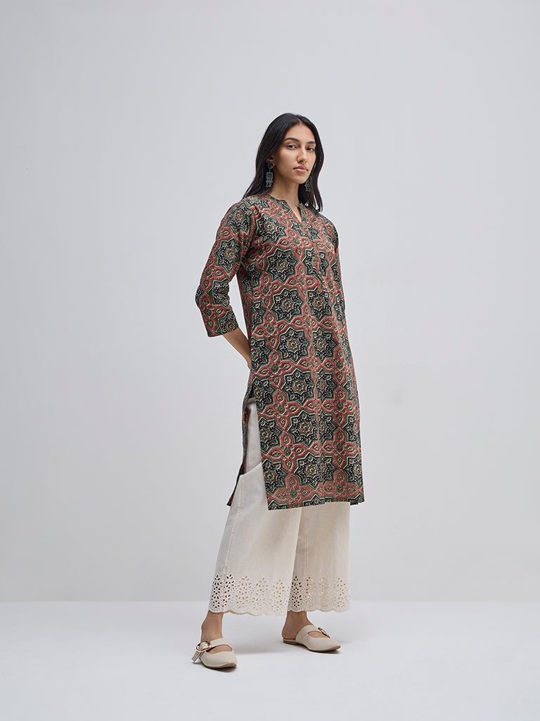 Utsa Olive Geometric Printed Straight Kurta