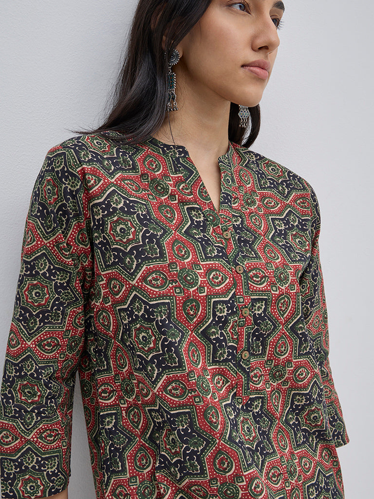 Utsa Olive Geometric Printed Straight Kurta