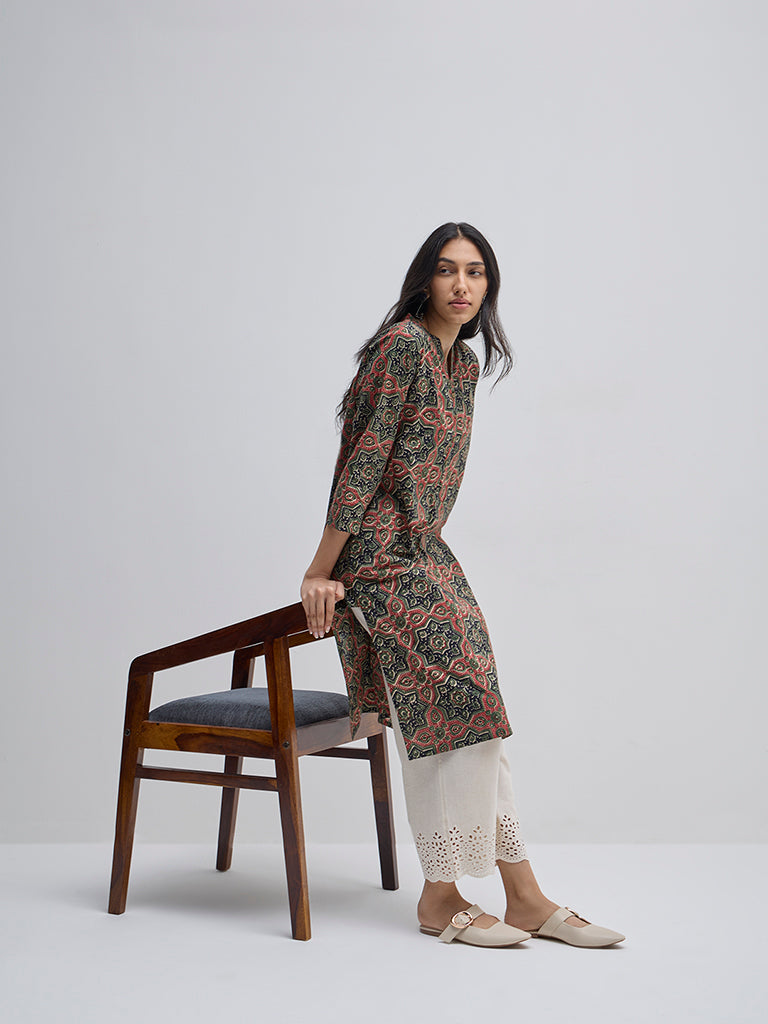 Utsa Olive Geometric Printed Straight Kurta