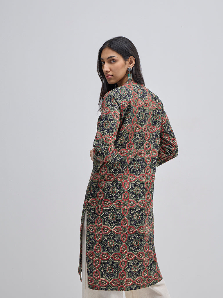 Utsa Olive Geometric Printed Straight Kurta