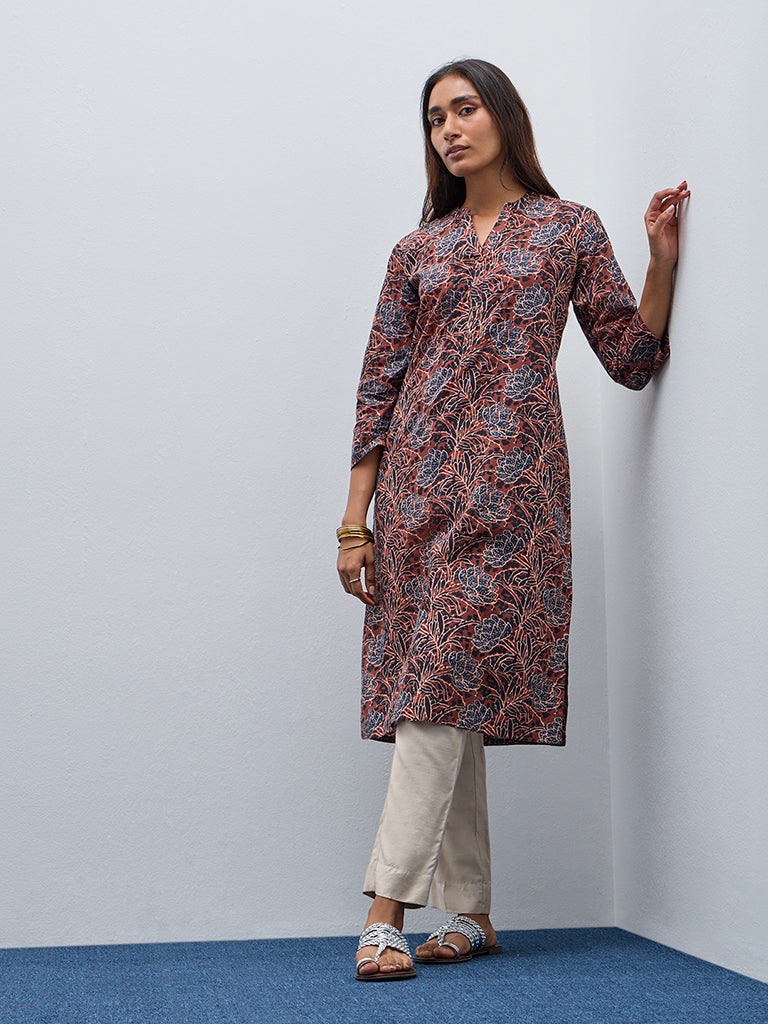 Utsa Rust Floral Printed Straight Cotton Kurta