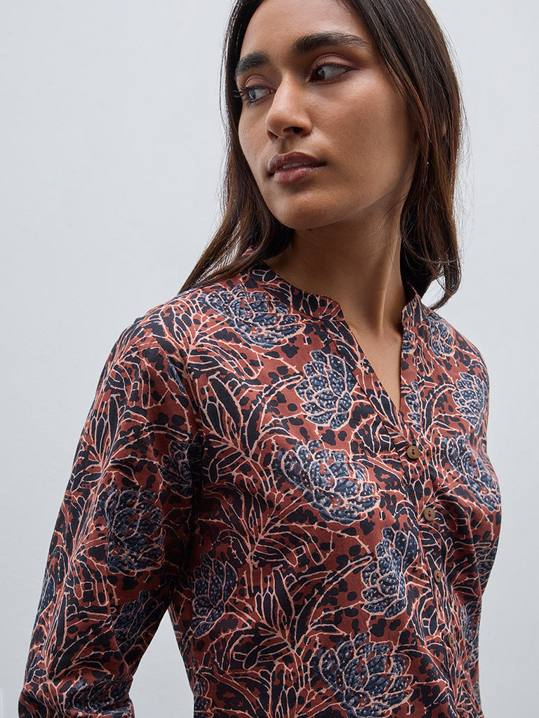 Utsa Rust Floral Printed Straight Cotton Kurta