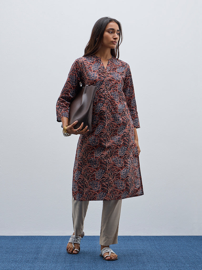 Utsa Rust Floral Printed Straight Cotton Kurta