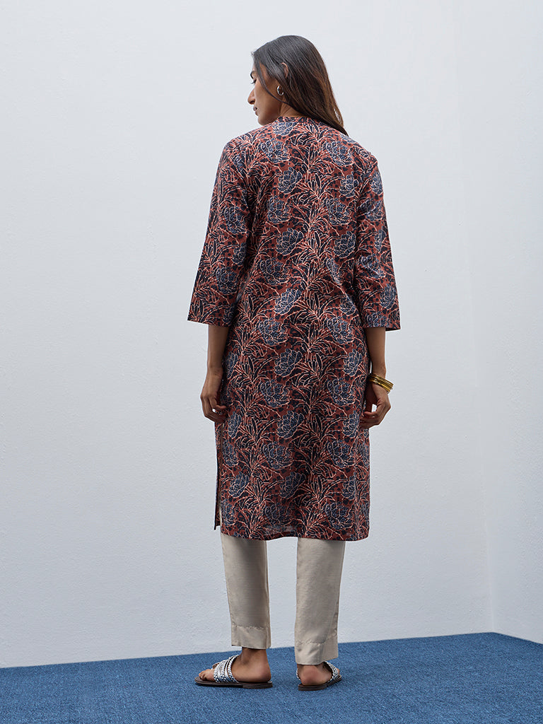 Utsa Rust Floral Printed Straight Cotton Kurta