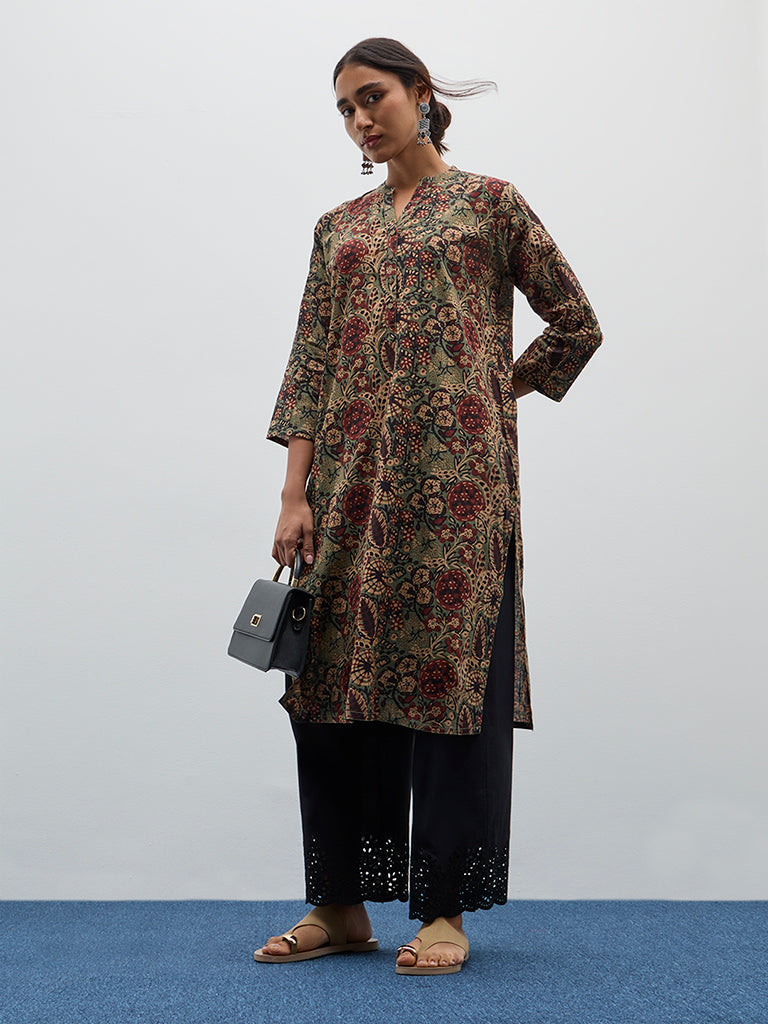 Utsa Multicolour Foliage Printed Straight Cotton Kurta