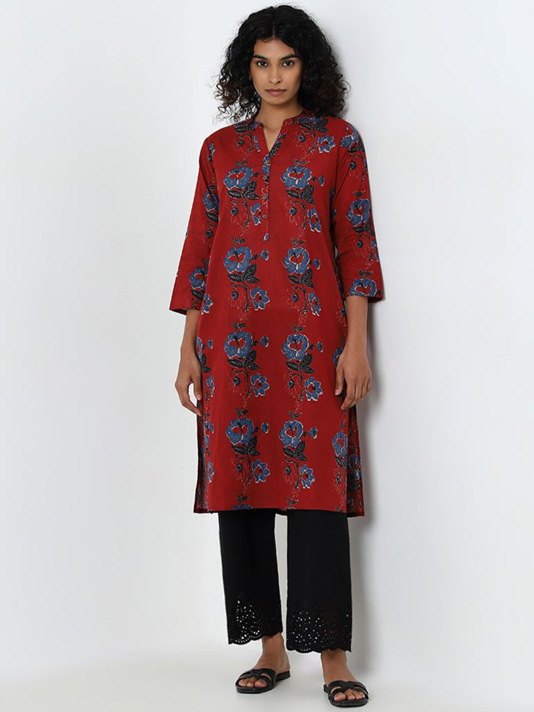 Utsa Red Floral Printed A-Line Cotton Kurta