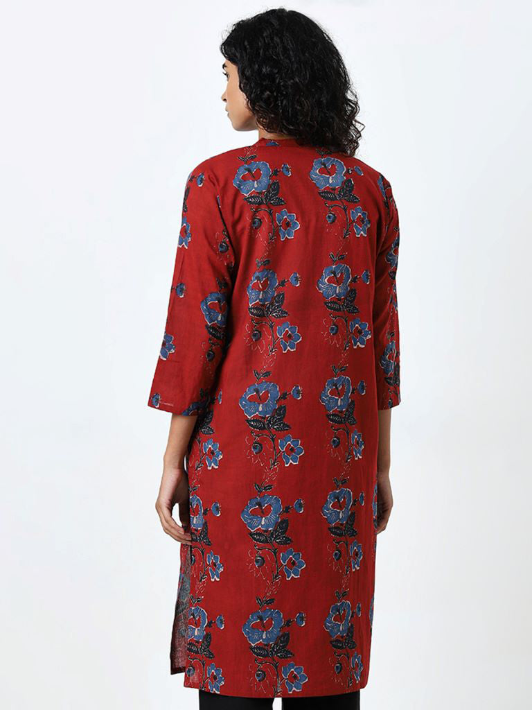 Utsa Red Floral Printed A-Line Cotton Kurta