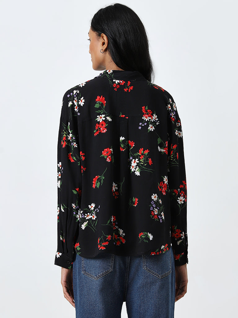 LOV Black Floral Design Shirt