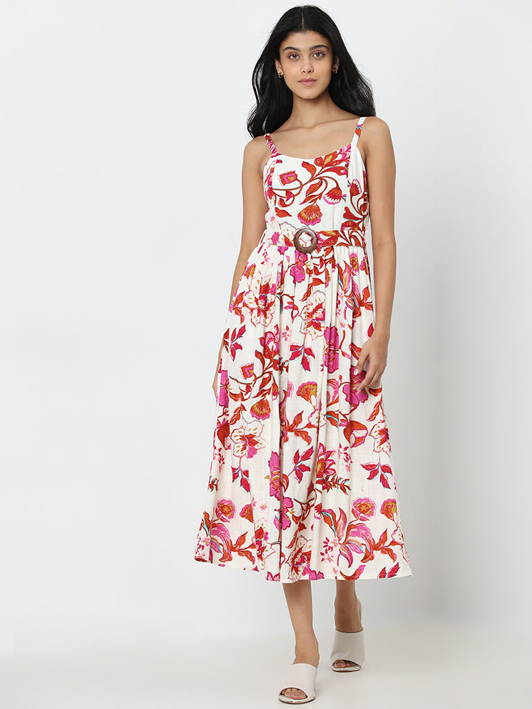 LOV Off-White Floral Design A-Line Dress with Belt