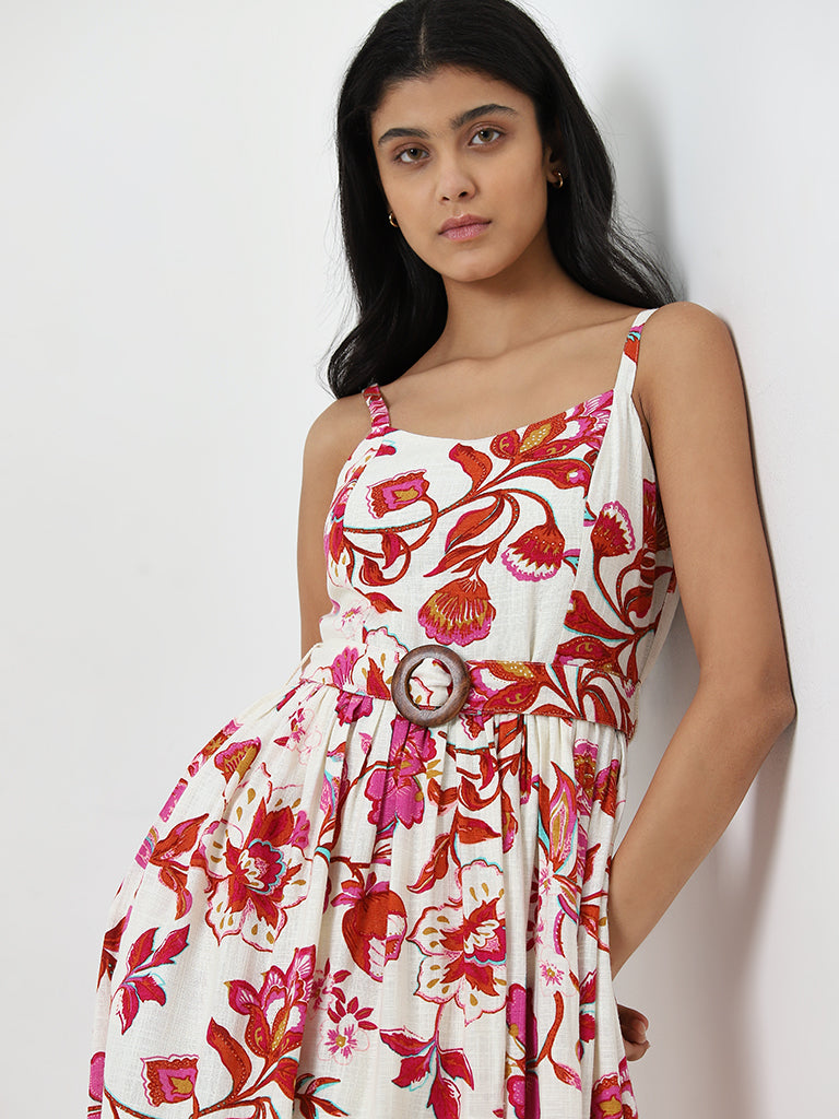 LOV Off-White Floral Design A-Line Dress with Belt