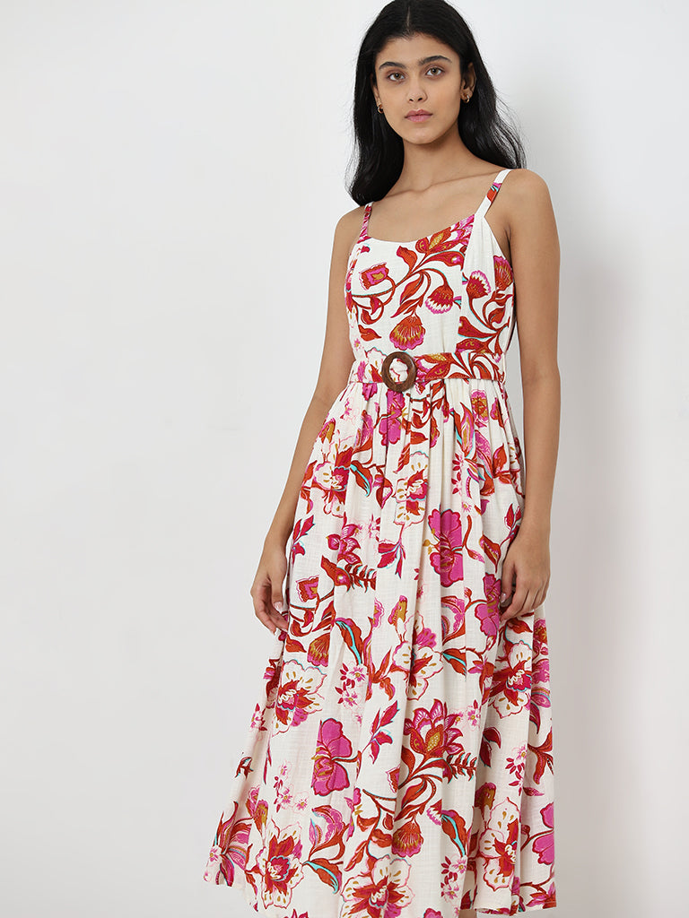 LOV Off-White Floral Design A-Line Dress with Belt