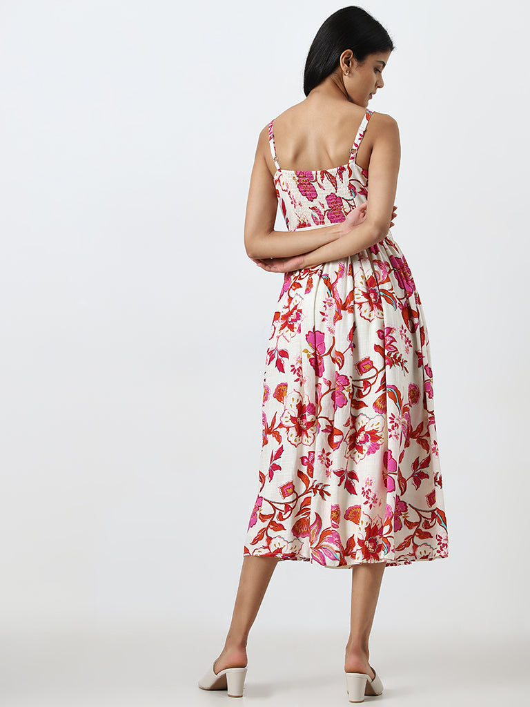 LOV Off-White Floral Design A-Line Dress with Belt